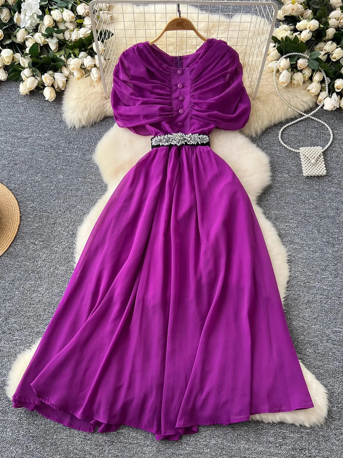 ฤดูใบไม้ผลิฤดูร้อนผู้หญิงสีแดง/สีม่วง/สีเขียว Draped ชุดชีฟองยาววินเทจรอบคอเอวสูง A-Line Maxi Vestido หญิง Robe ใหม่