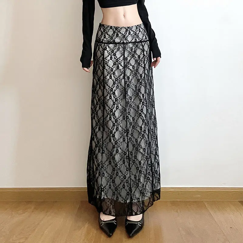 Long Skirts Lace Double Layer Black Baggy Y2k Aesthetic Straight Midi Skirts Femme Clothing Slim Hot Girl Butt-Covering Skirt