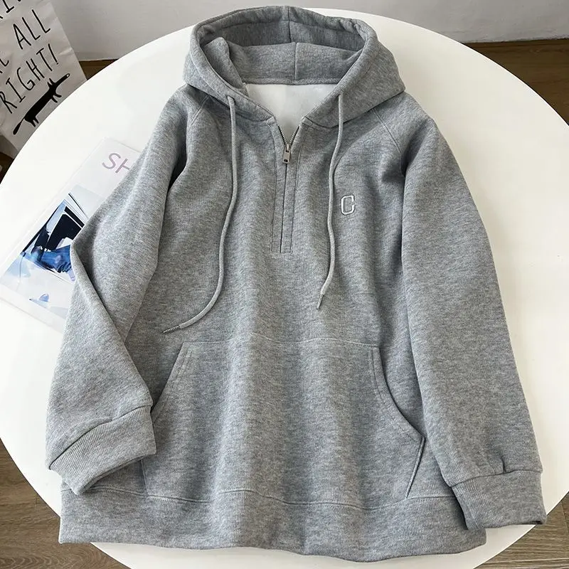 Sweatshirts for Women Baggy Pullovers with Zipper Embroidered Plain Tops Full Zip Up Hooded Female Clothes Loose Hoodies Emo M E