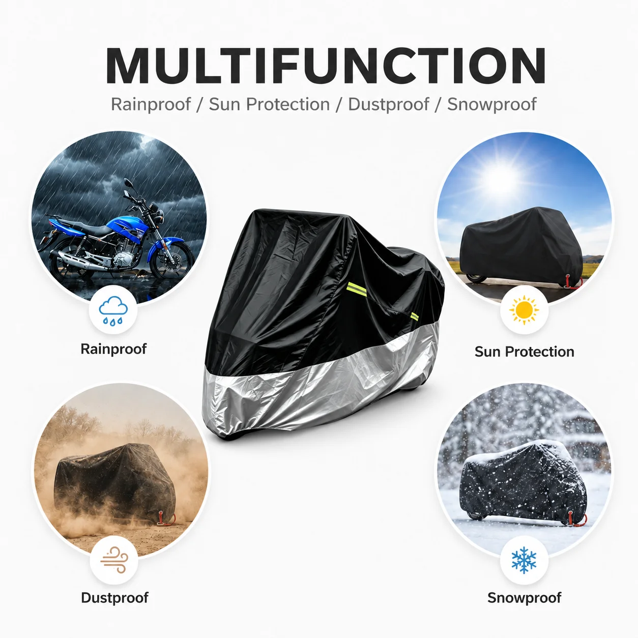 190T Polyester Taffeta Motorcycle Cover PU Coated Waterproof Dustproof UV‑Resistant All‑Season Motorbike Protector M‑4XL Multipl