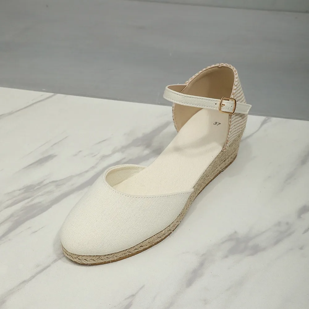 Baotou Sandals for Women's 2026 Summer Grass Woven Hemp Rope Slope Heel Shoes Women Round Toe Thick Sole Buckle Womens Sandals