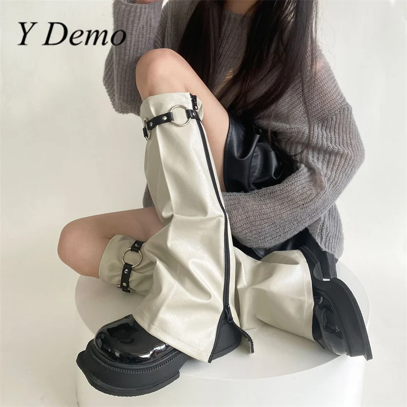 

Y Demo Techwear Y2K Pu Leather Side Zipper Stylish Leg Warmers Harajuku Solid Color Boots Socks