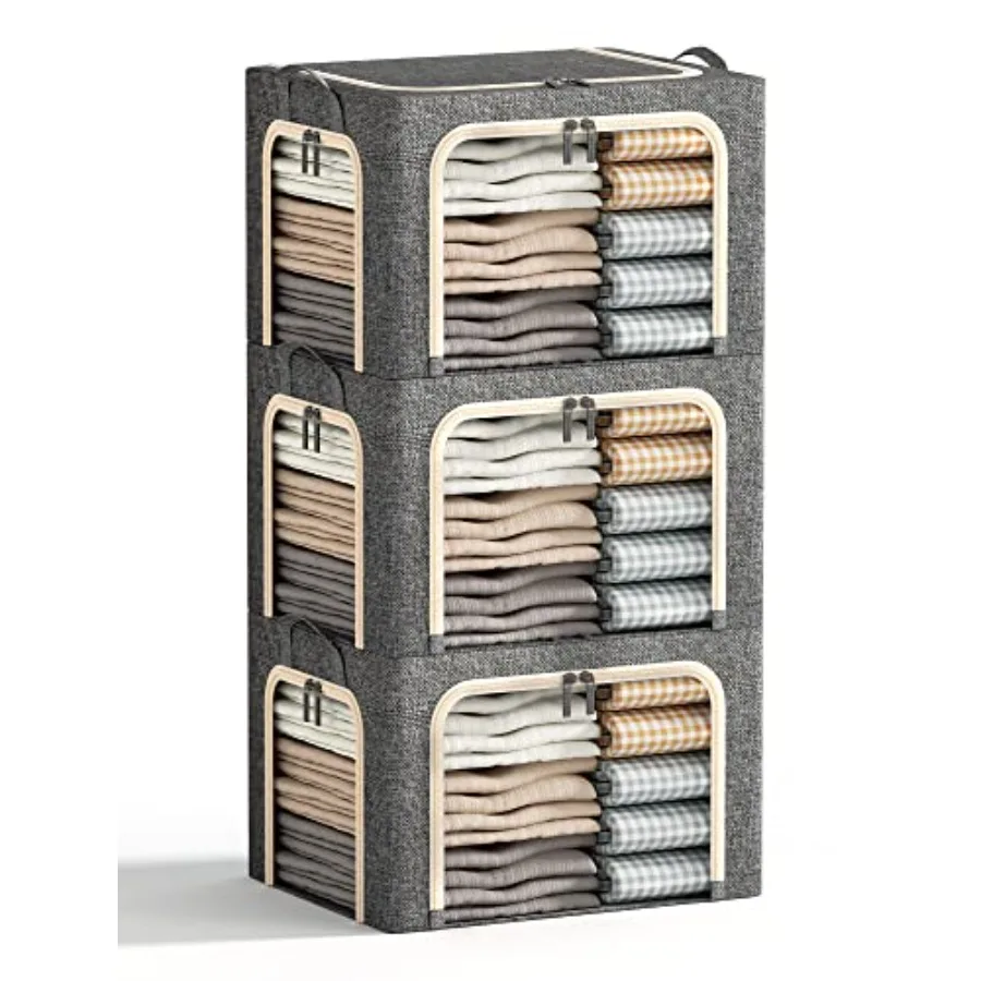 

3 Openings Clothes Storage Bins with Metal Frame, Foldable Storage Bin for Clothes, Clothing Storage Bins with Lid, Linen Stora