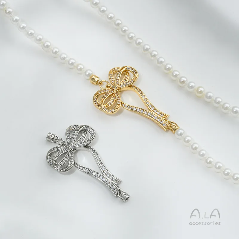 

Оптовая продажа концевых застежек: Золотая застежка-коннектор 14K с инкрустацией цирконами в форме банта, подвеска для DIY-украшений, аксессуары для жемчужных ожерелий и бусин
