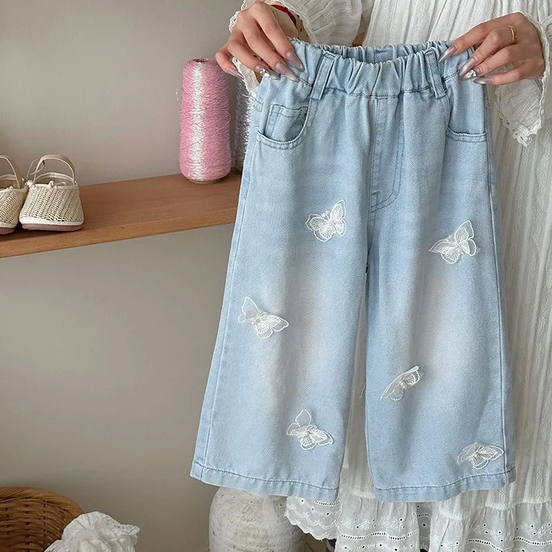 

Корейские джинсы для маленьких девочек с 3D карманом и бантом, детские широкие брюки для маленьких девочек, свободные мягкие длинные джинсовые брюки со средней эластичной талией для девочек от 1 до 6 лет