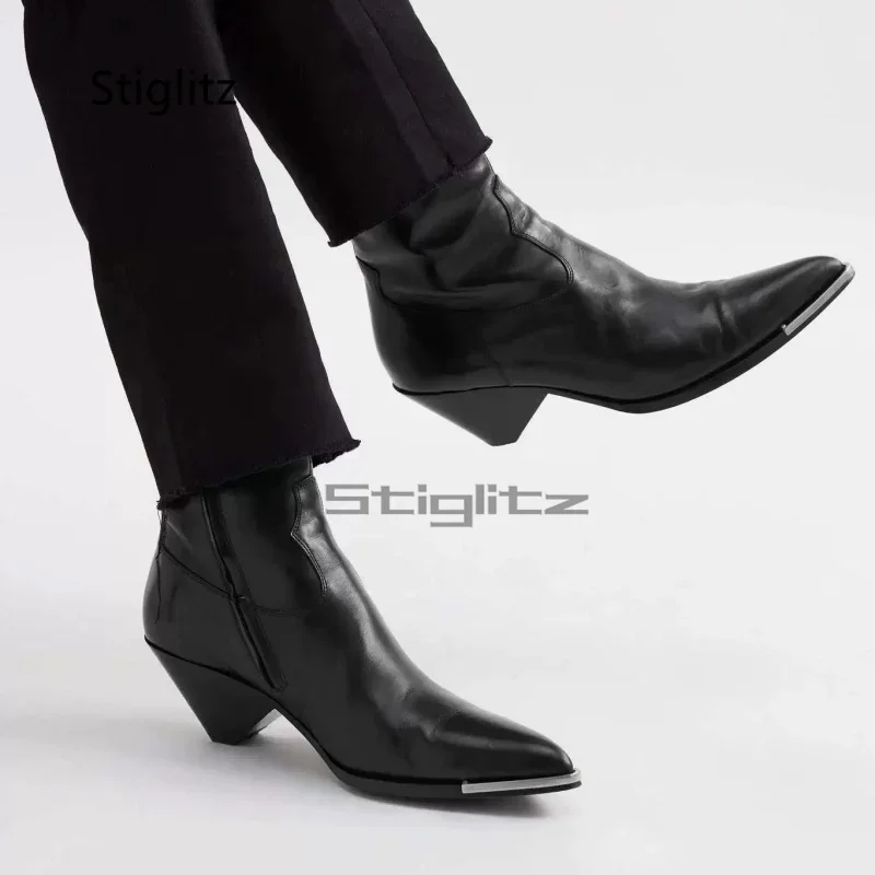 5Cm High Heels Chelsea Boots for Men Pointed Toe Side Zip Retro