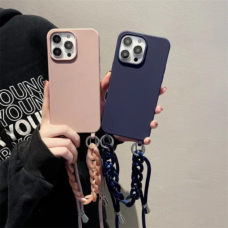 Crossbody Necklace Strap Lanyard Cord Phone Case For iPhone 15 14 Plus 13 12 Mini 11 Pro Max Marble Chain Silicone Soft Cover