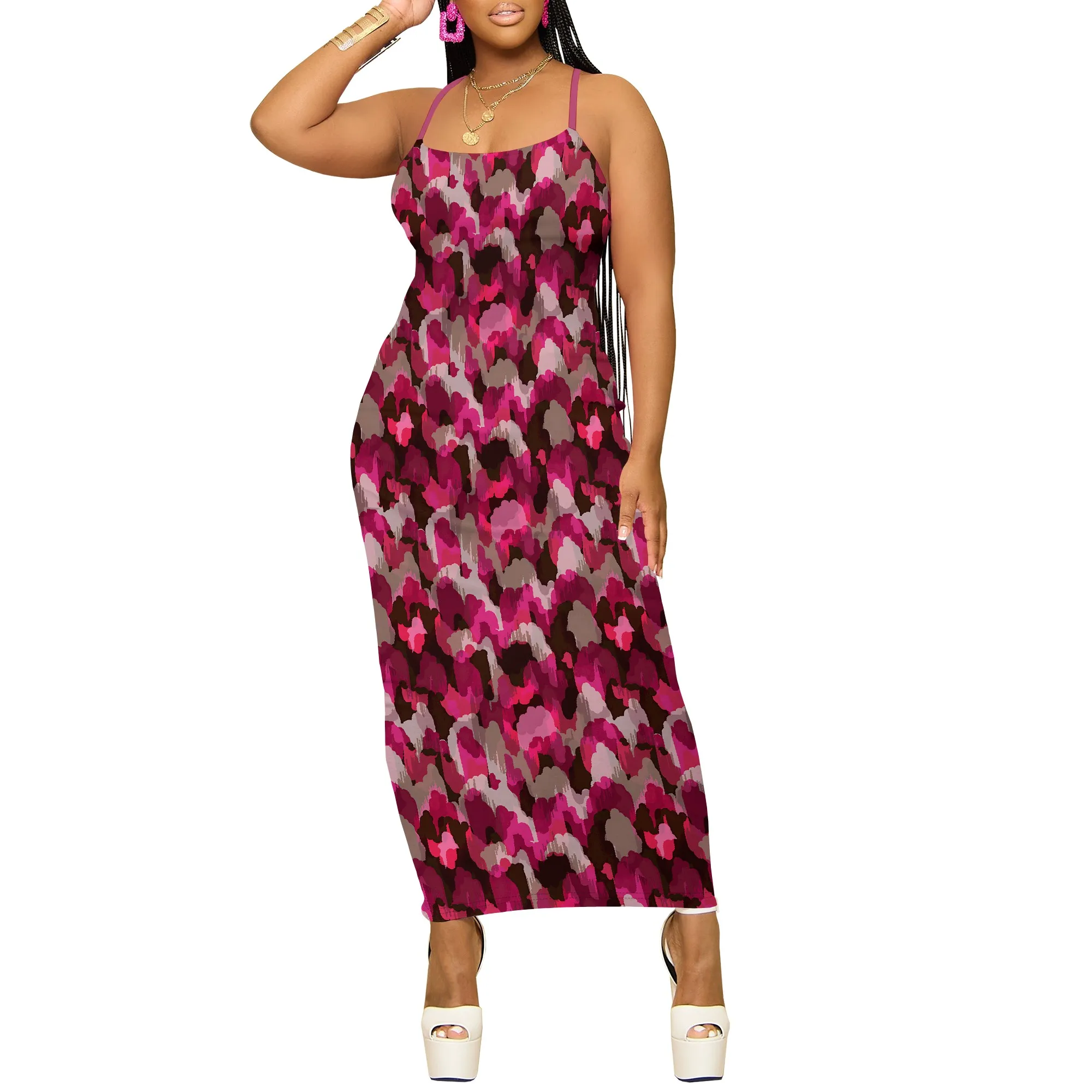 Verão cinta de espaguete maxi vestido feminino sem mangas abstrato camo impressão bodycon fino ajuste casual wear