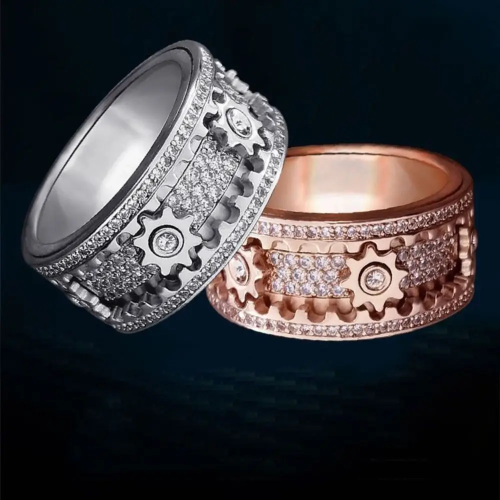 

Handmade Diamond Ornate Geometric 3D Cubic Zirconia Band Ring Gear Spinner Rings Rotating Mechanical Decompression Anxiety Ring