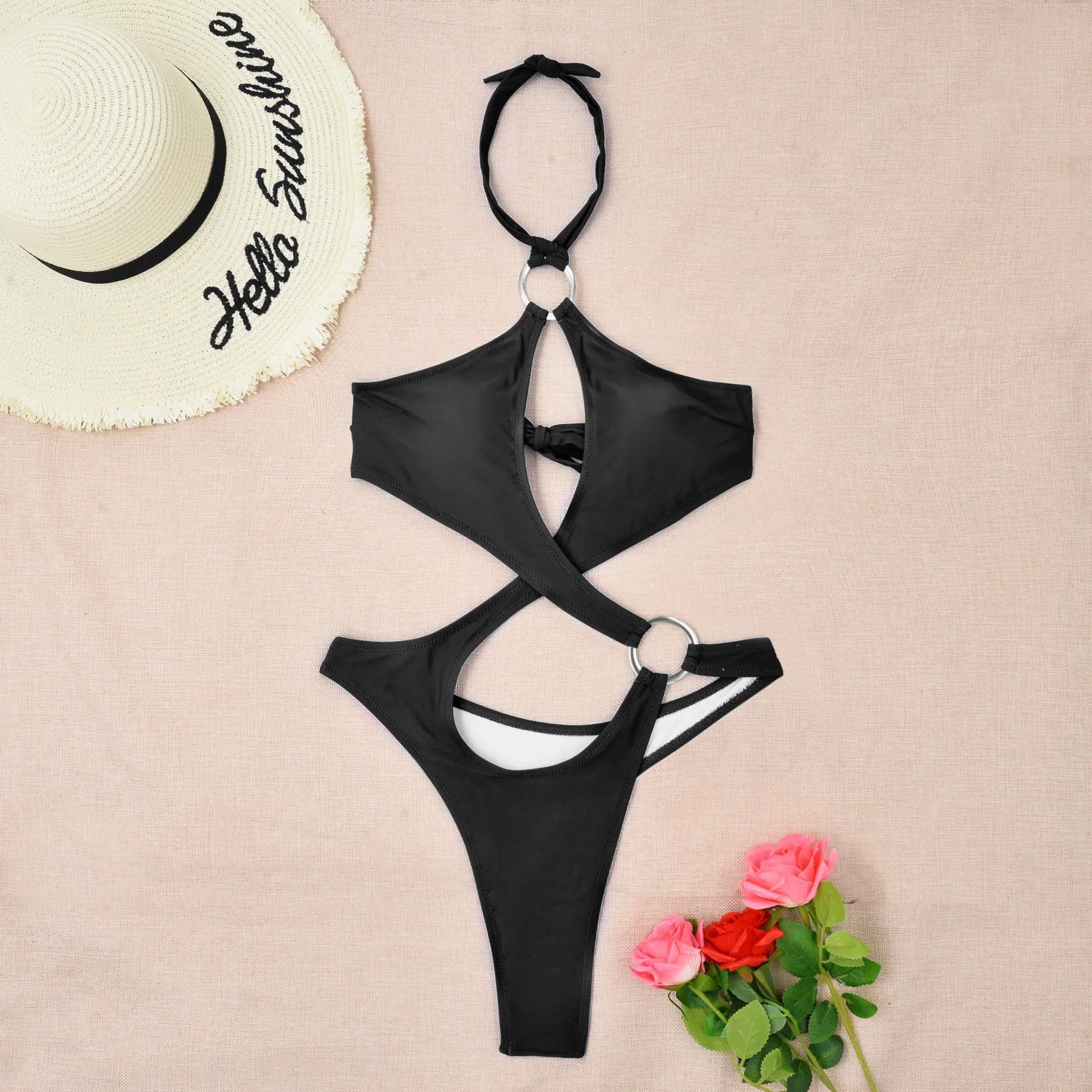 sexy cross ring halter bandage hollow swimsuit one piece bikinis 2024 women thong swimsuit female bathing suit swimwear biquini