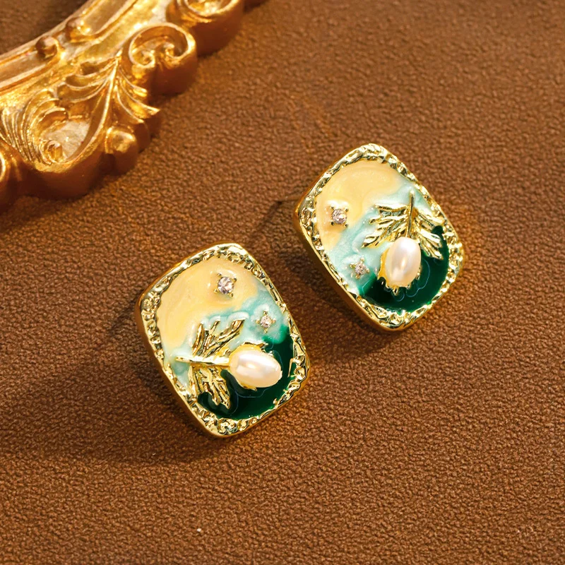 Vintage Pearl Oval Stud Earrings Fashion Art Premium Monet Garden Unique Rectangular Design Hot Jewelry Gifts