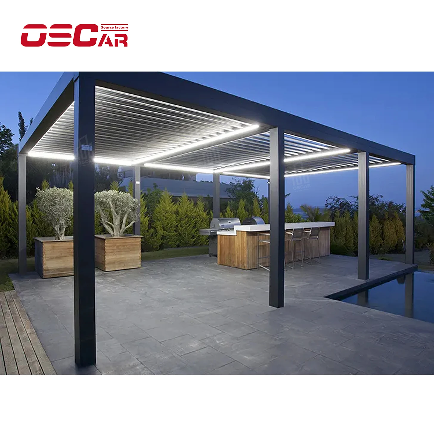 

Luxury Aluminum Pergola And Gazebos Outdoor With Glass Sliding Doors And LED Light Bioclimatic Outdoor Motorized Pergola Roof