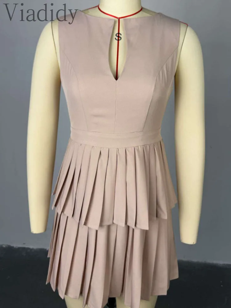 Women's Sexy Solid Color Cut-out Sleeveless Pleated Mini Ruched Dress