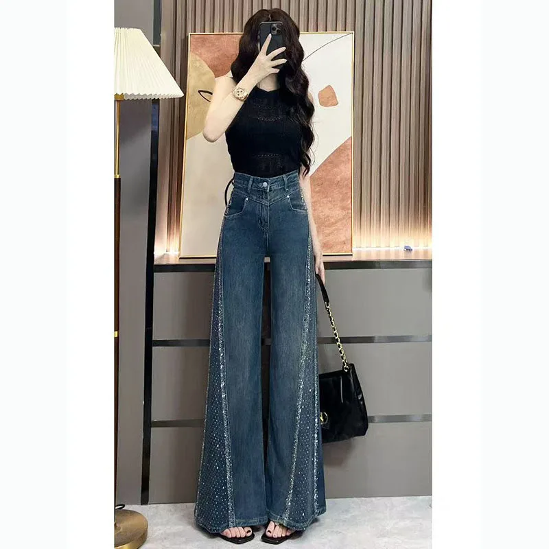 

Hot Diamond Wide Leg Flared Jeans Women's Spring/Summer New Fashion Spice Girls Loose Washed Blue Straight Leg Pants