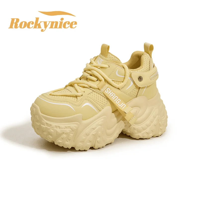 New 2026 Spring Women Synthetic Leather Chunky Sneakers Breathable Sports Casual Shoes 9CM High Platform Vulcanized Dad Shoes