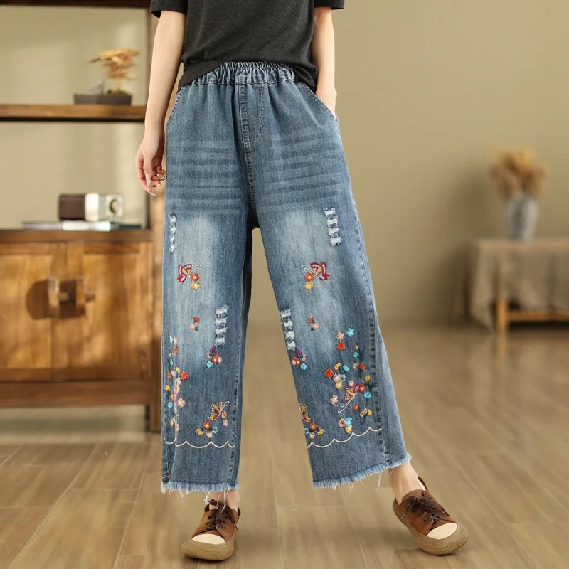 

Spring Summer Ethnic Style Vintage Floral Embroidery Denim Wide Leg Pants Women High Elastic Waist Hole Casual Straight Jeans