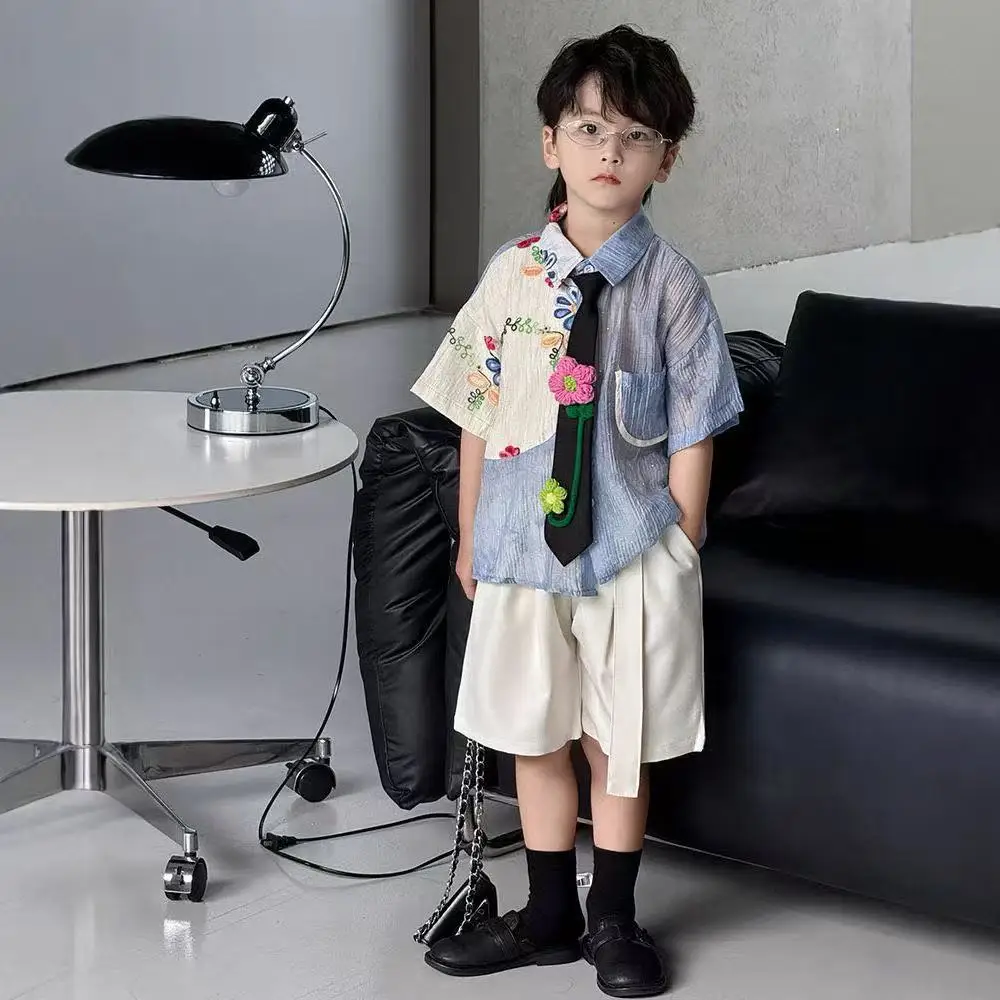 Boys Suit Spring and Summer New Childrens Wear Korean Boy Baby Matching Color Embroidery Shirt Tie Shorts Three-piece Set
