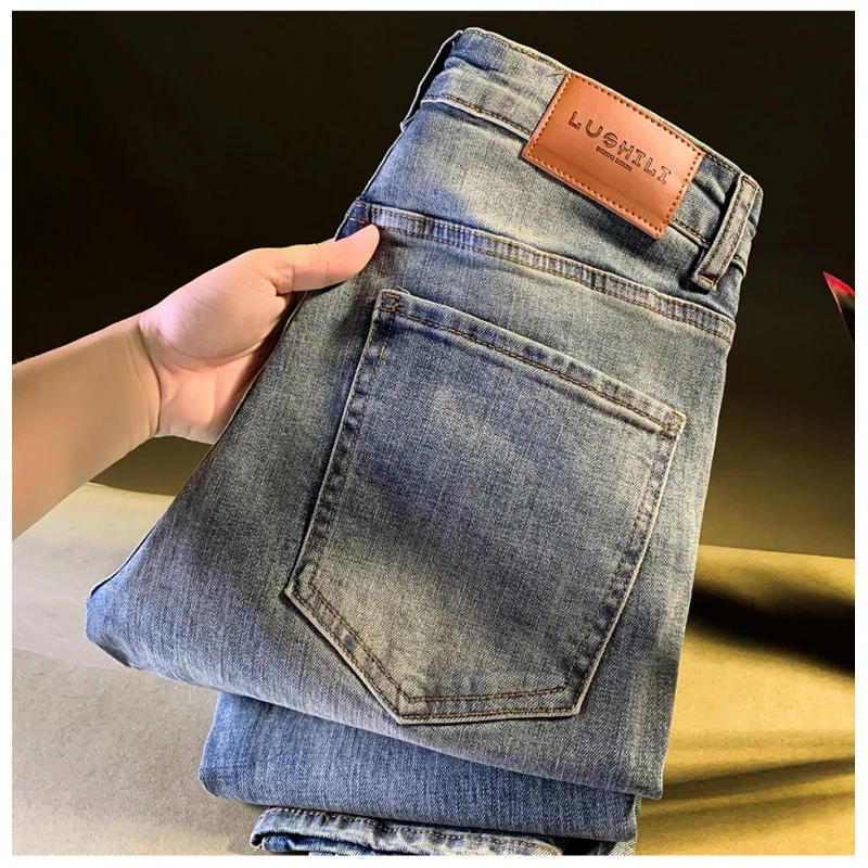 

Осенние джинсы 925, мужские модные струящиеся брюки в стиле ретро, синие, зауженные, облегающие, эластичные брюки для мужчин