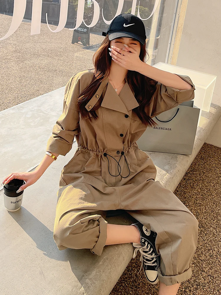 

Fashion Jumpsuit Women Autumn Long Sleeves Shirt&Trousers One-piece Suits Belt Solid Street Work Jumpsuits Commuting Sets