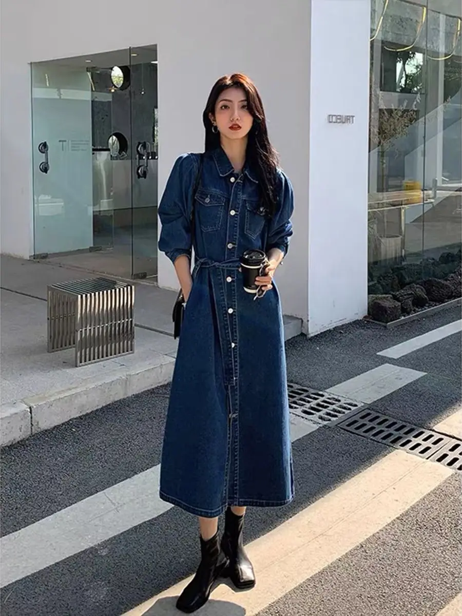 Women Denim Dress Fashion Chic Turn-down Collar Puff Sleeve Single Breasted Pockets Slim Waist Mid-length Slit Jeans Dress