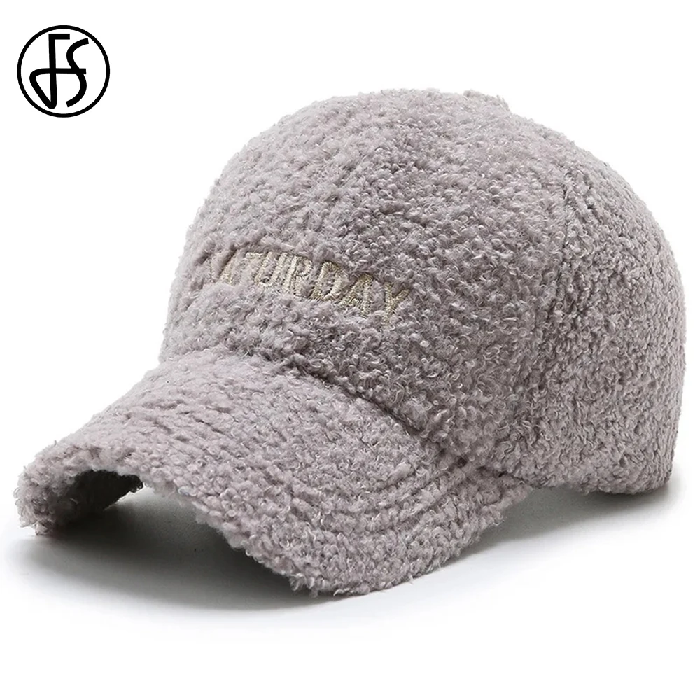 FS Trendy Warm Lambswool Winter Baseball Caps For Men Gray Pink Snapback Hip Hop Women Wool Hats Windproof Face Cap Casquette