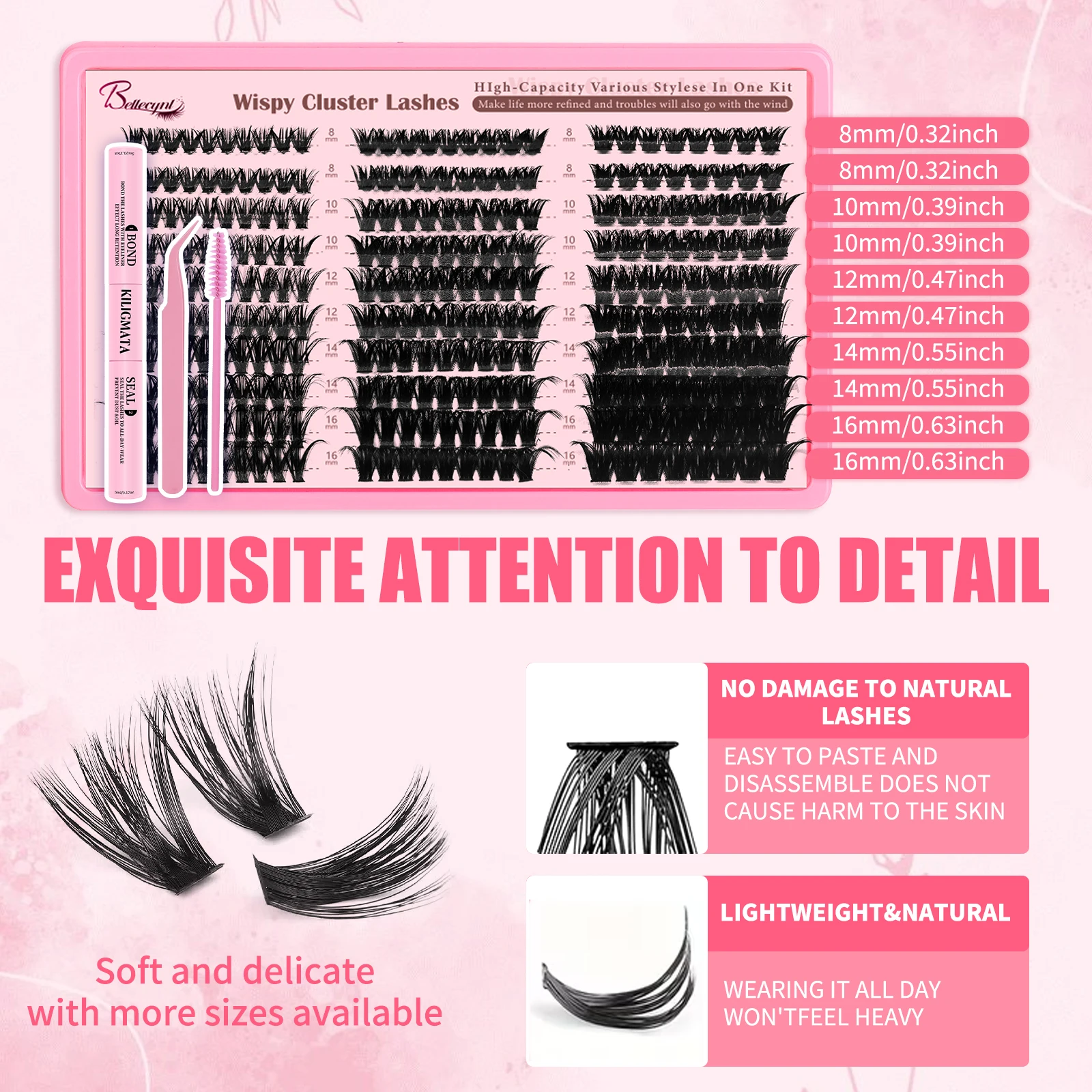Natürliche Flauschige Wimpernbüschel-Set D-Curl 30D-60D Einzelne Wimpernverlängerungen mit Wimpernkleber und Versiegelung für Tägliches Tragen – Detail 7