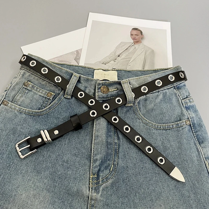 

Модный женский ремень в стиле панк-рок, регулируемый черный люверс с люверсами, серебряный ретро резной игольчатый ремень, пояс из натуральной кожи