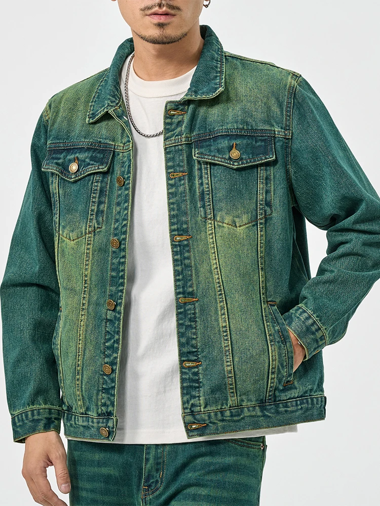 Water ghost green high-end American casual denim suit men's high street tide retro loose jacket large size workwear jacket