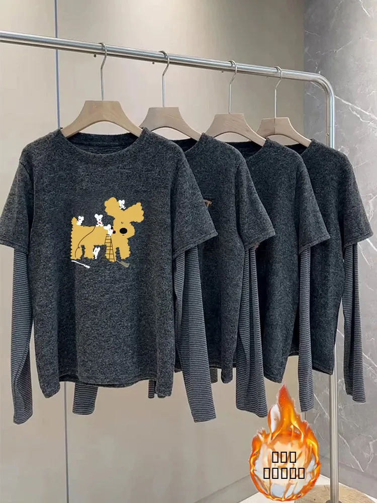 

Утепленный бархатный топ с длинным рукавом и круглым вырезом, имитация двухслойности, в полоску, для женщин, с мультяшным дизайном, осень-зима