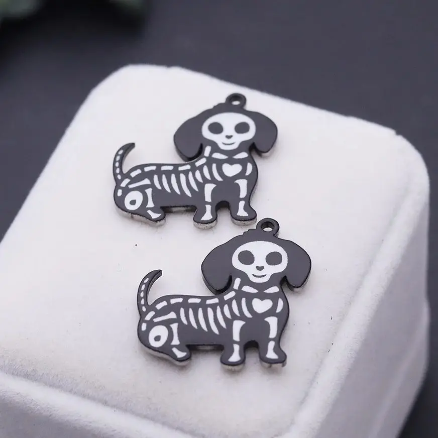 

2pcs Short Leg Dog Halloween Horror Skull Skeleton Stainless Steel Pendant for Jewelry Making Necklace Craft Pet Animal Charms