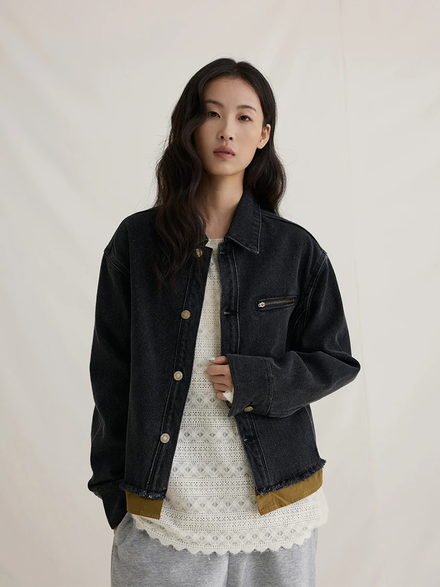 

Glowing Bla Vintage Patchwork Lapel Frayed Denim ort Coat Caremind Women's Loose Fit Cotton Polyester Glowing Outerwear