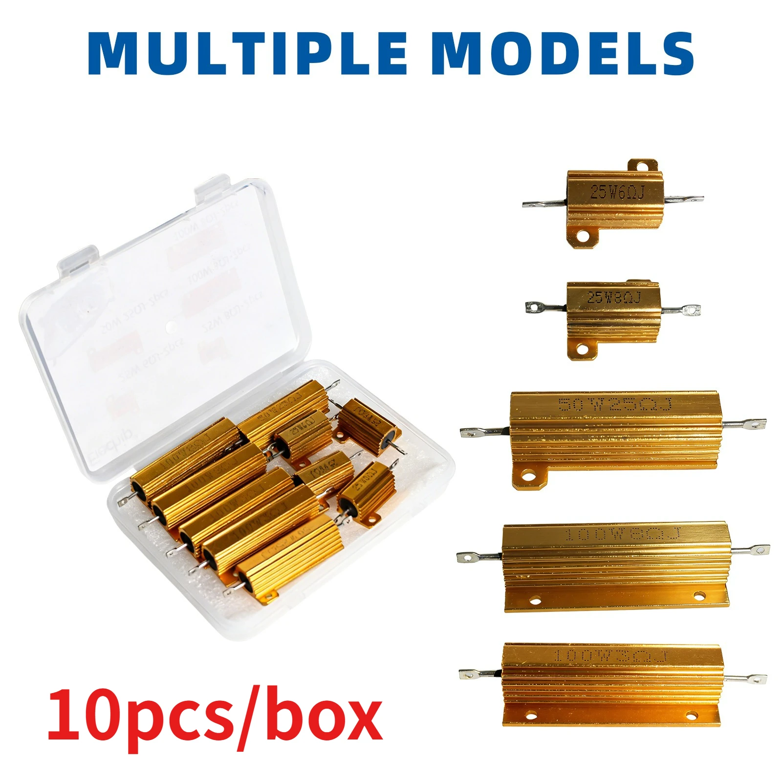 

Набор из 10 проволочных резисторов: 25 Вт 6 Ом, 25 Вт 8 Ом, 50 Вт 25 Ом, 100 Вт 3 Ом, 100 Вт 8 Ом. Комплект автомобильных алюминиевых силовых резисторов.