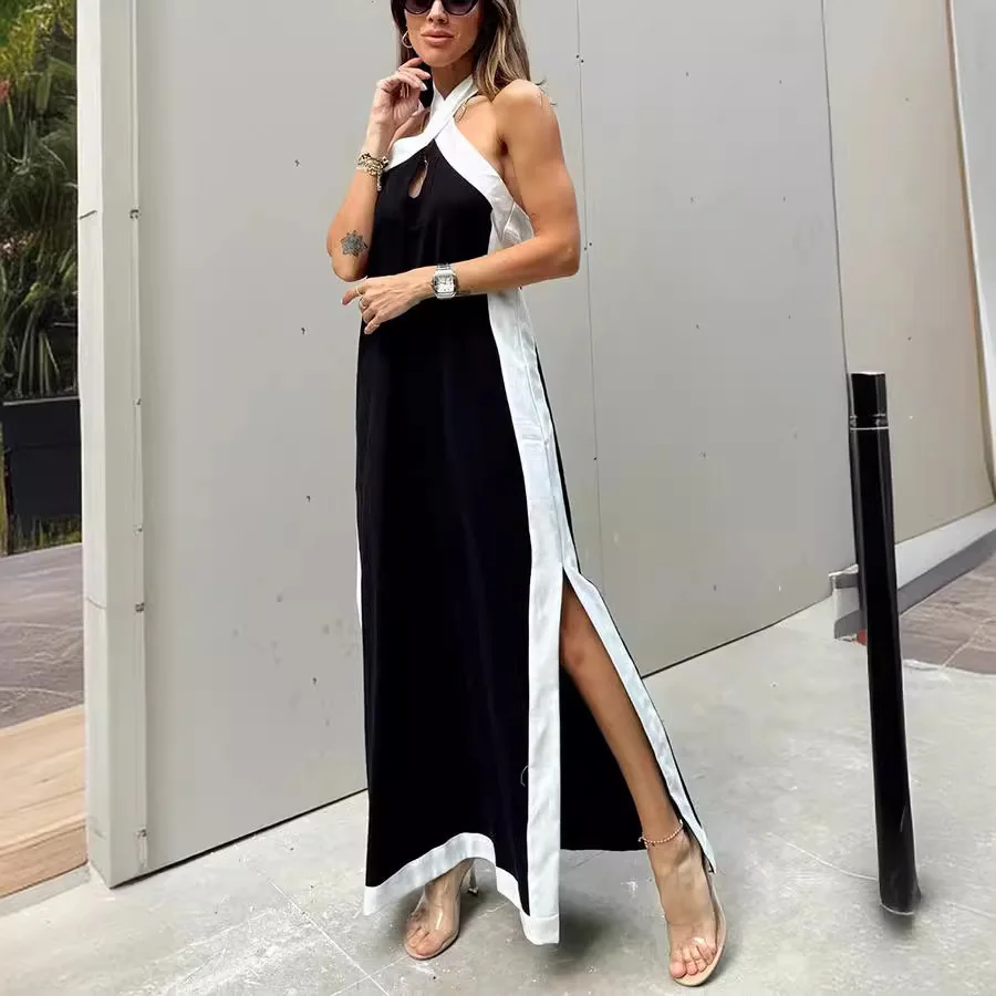 Summer Dress For Women Sexy Color Matching  Halter Dress Casual Loose Backless Big Swing Dresses Holiday Beach Robes Vestido