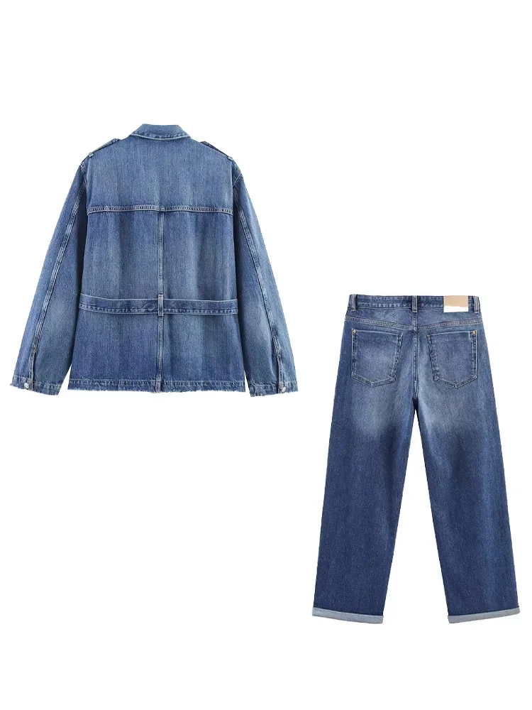 HH Conjuntos de calças jeans femininas outono gola virada para baixo mangas compridas casacos com cinto + calças soltas de cintura alta com zíper e bolsos com bainha