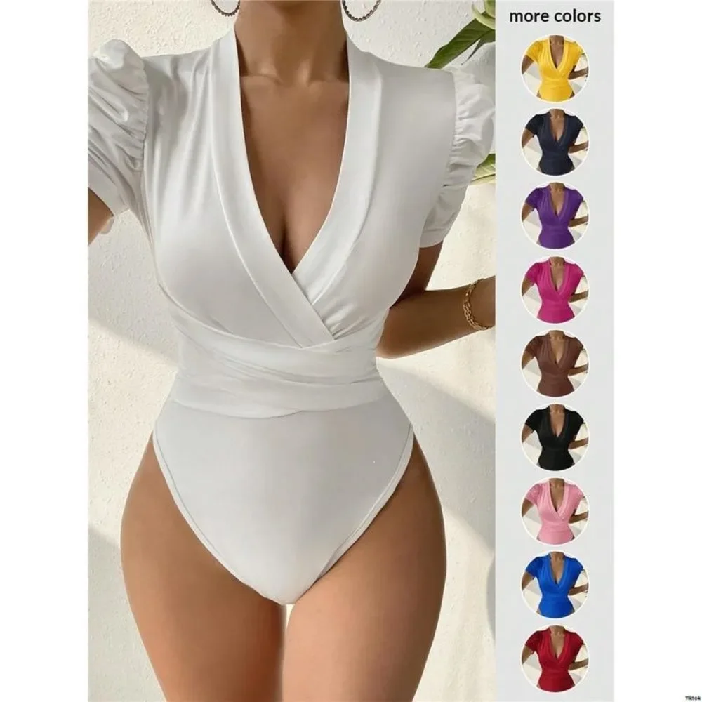 Ruched Sleeve Cinched Waist Triangle Cutout Jumpsuit Slim Fit Solid Color Casual Daily Office Work Streetwear Chic Ladies Romper
