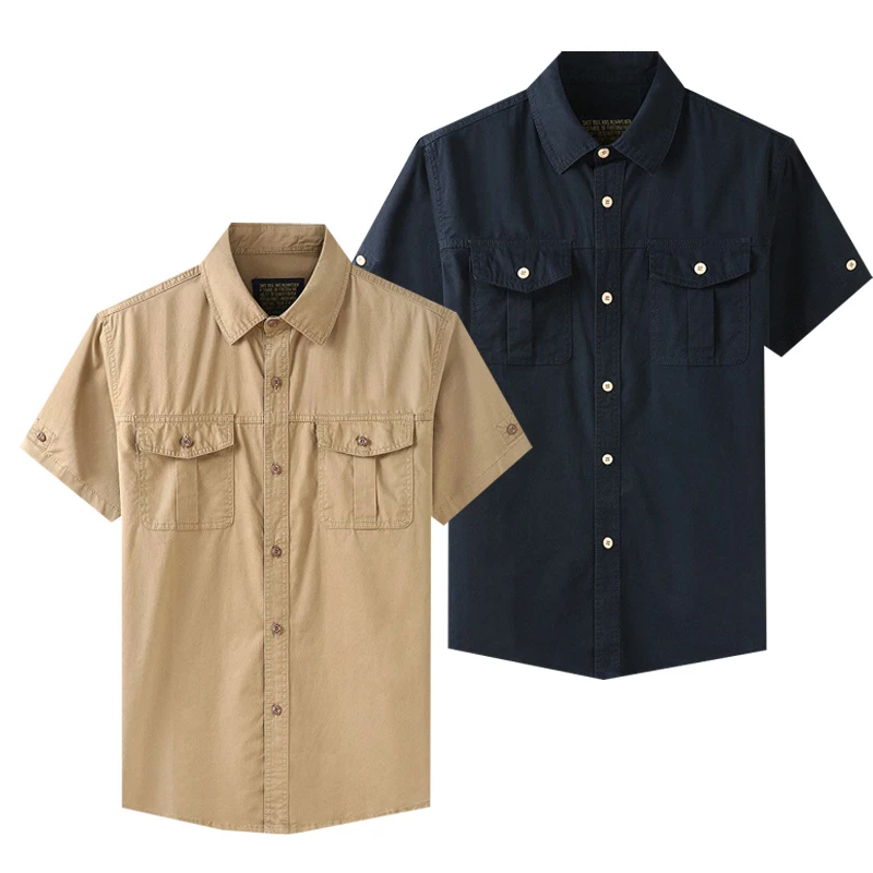 

Cotton 2024 Summer New Fashion Casual Cargo Work Pocket Shirts Male Plain Tops Men Short Sleeve Solid Color Military Shirt