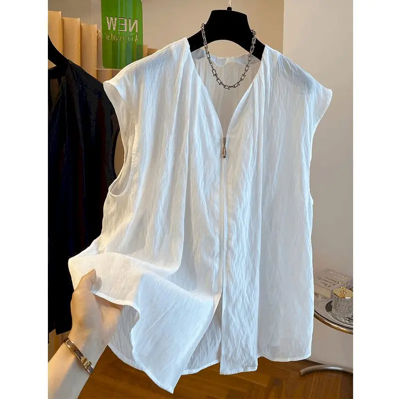 Stylish Tank Tops V-neck Loose Casual Workwear Sleeveless Solid Crop Tops Zipper Design Shirts 2026 Summer Sale Women Clothing