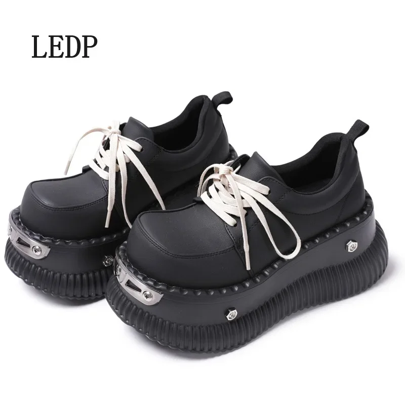 LEDP Punk Style Metal Platform Small Leather Shoes Niche Design Sense Spice Cookie Shorty Music Lace-up Muffin Big Toe Shoes