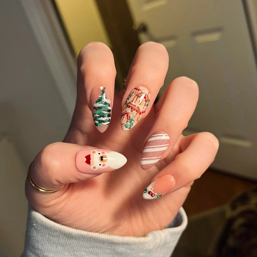 10 قطعة عيد الميلاد الصحافة على الأظافر اليدوية اللوز الأظافر وهمية اللوحة لطيف الثلج تصميم الأظافر كاذبة قابلة لإعادة الاستخدام الأظافر مجموعة للنساء #4