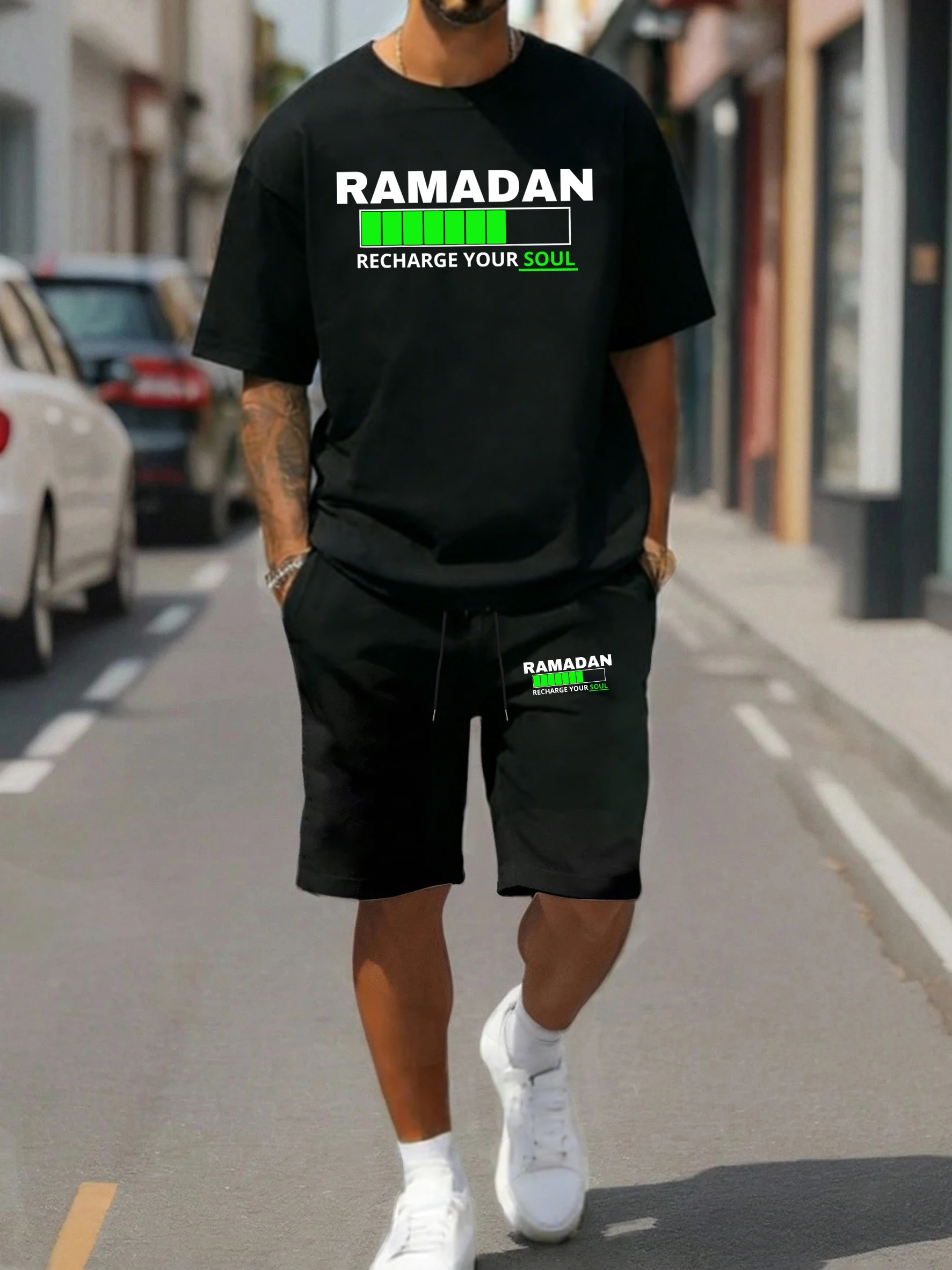 

Ramadan Recharge Your Soul Print Men Sportsuit Cotton O-Neck T Shirt Drawstring Trendy Shorts Loose Unisex Summer Clothes