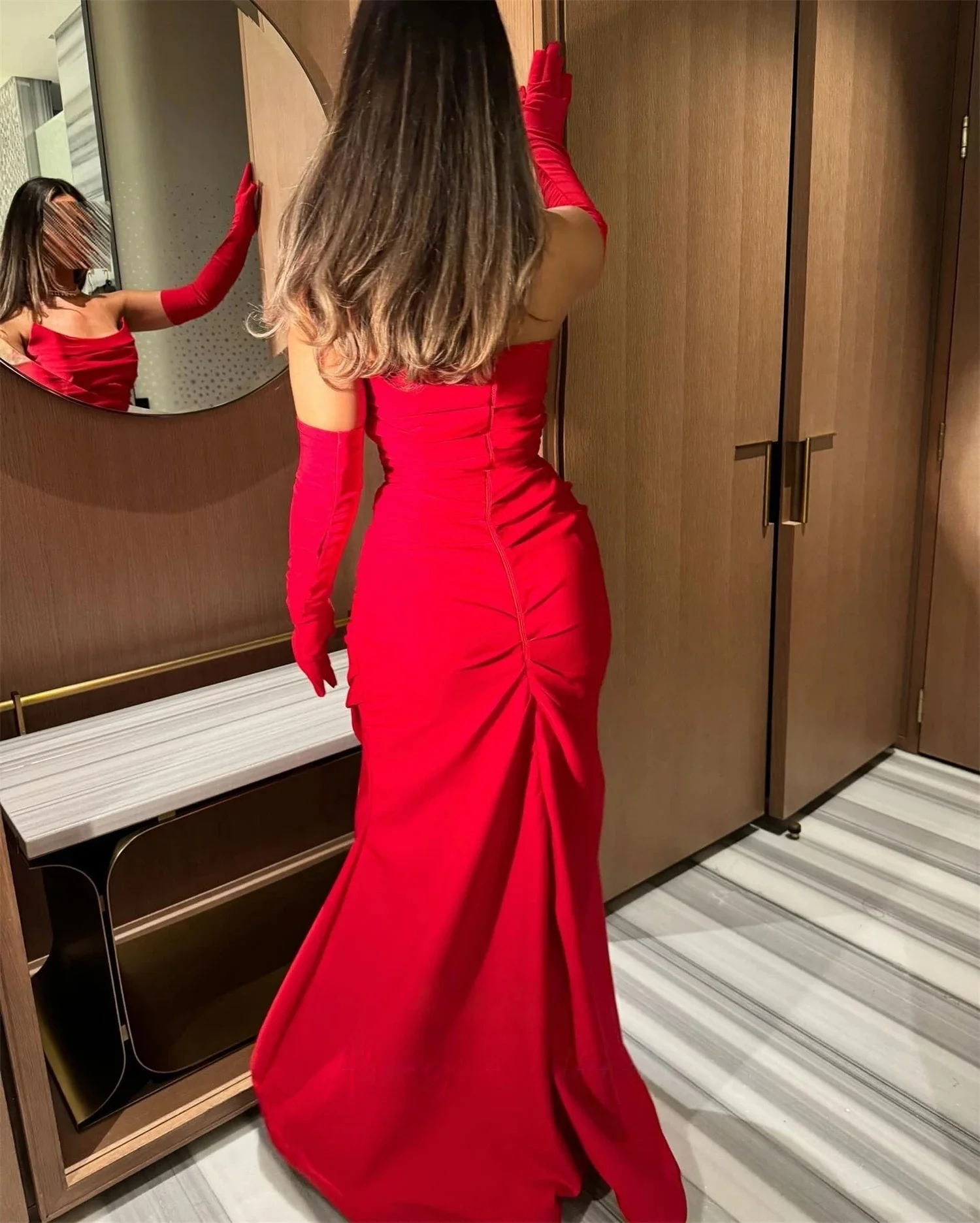 ชุดราตรีสีแดงสำหรับผู้หญิง ชุดออกงานสั่งตัด ชุดราตรียาวสไตล์เรโทร ผ้าเจอร์ซีย์แบบยูนิเซ็กซ์ สไตล์ดูไบ ซาอุดีอาระเบีย อิสราเอล ชุดพรอมสั่งตัด