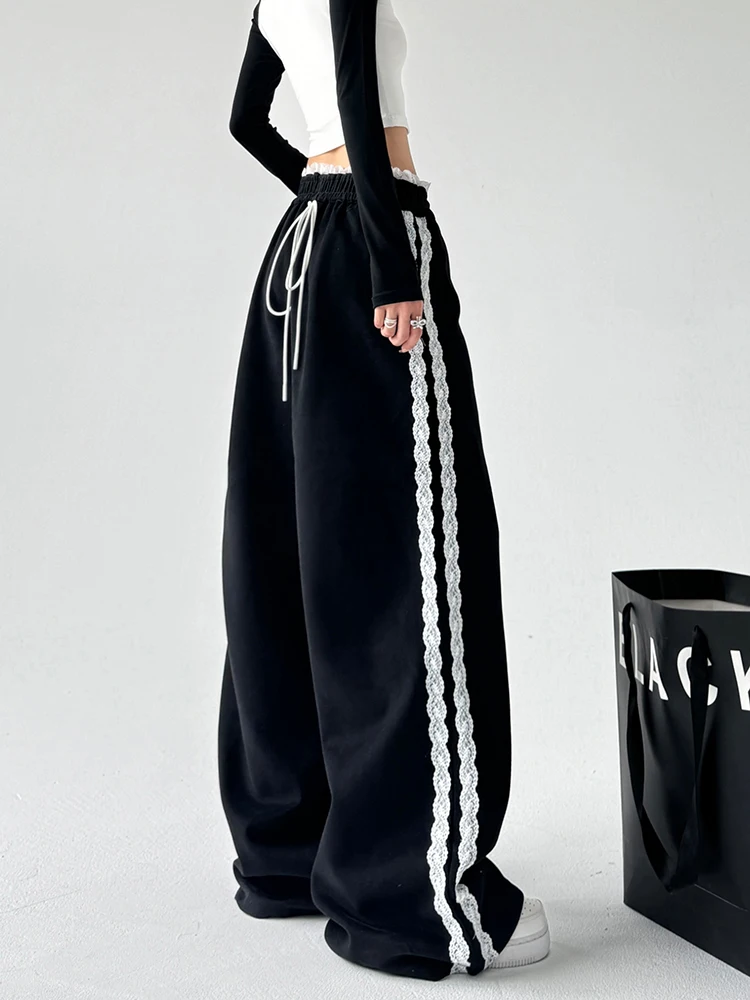 

Off Lace Splicing Wide Leg Pants Women's Autumn Winter Drape Straight Casual Slimming Long Trousers High Waist Silk Cotton