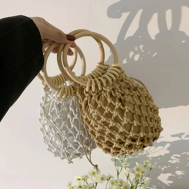 Handmade Drawstring Straw with Inner Bag Shoulder Women's Bag Portable Beach Storage Bag