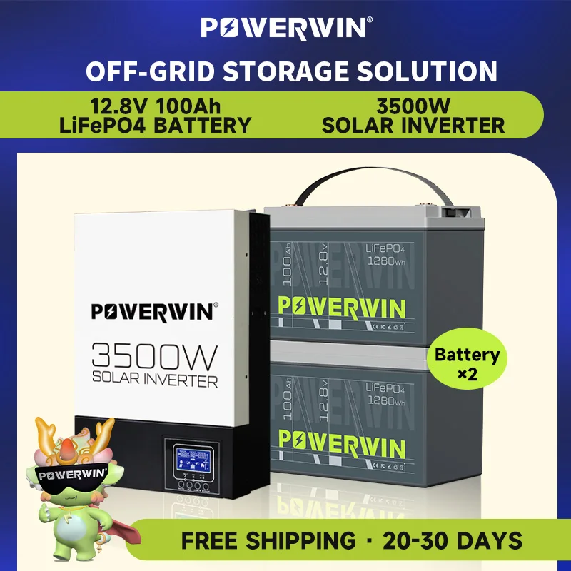 POWERWIN BT100 LifePO4 12V 100Ah/1280Wh HI3500 3500W Hybrid Solar Inverter 24V 100A MPPT Pure Sine Wave Off-grid LCD 24V Battery