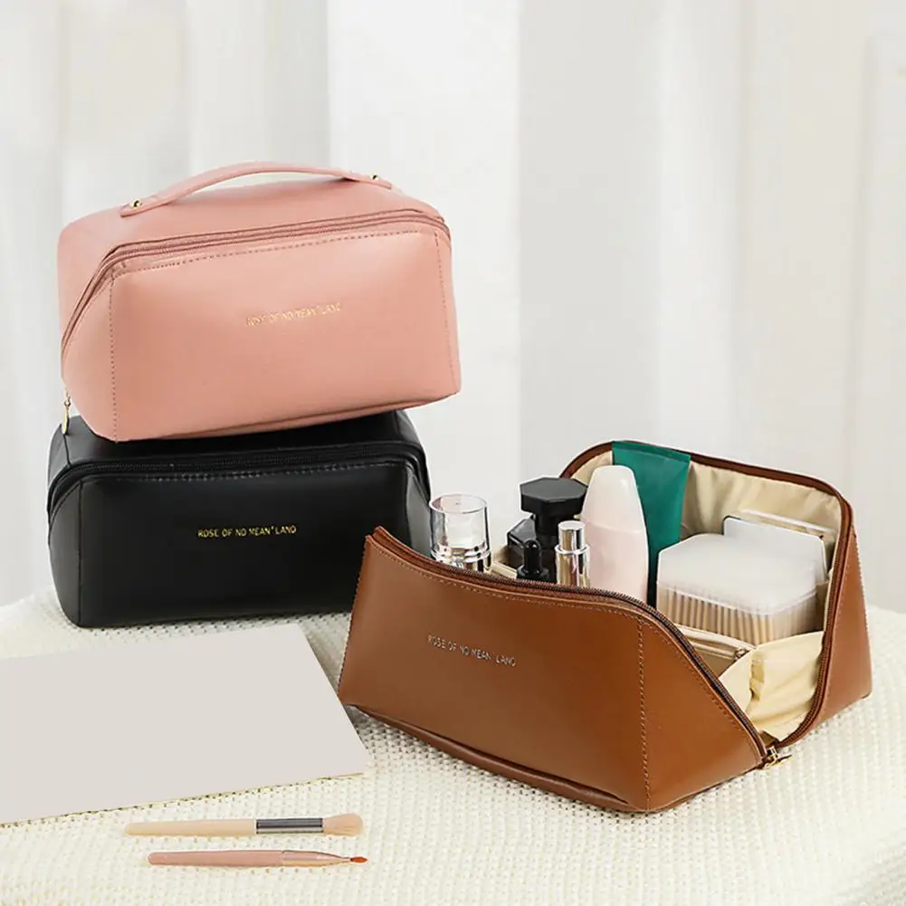 Large Capacity Makeup Bag Waterproof Travel Cosmetic Bag with Divider Faux Leather Travel Toiletry Bag Makeup Organizer