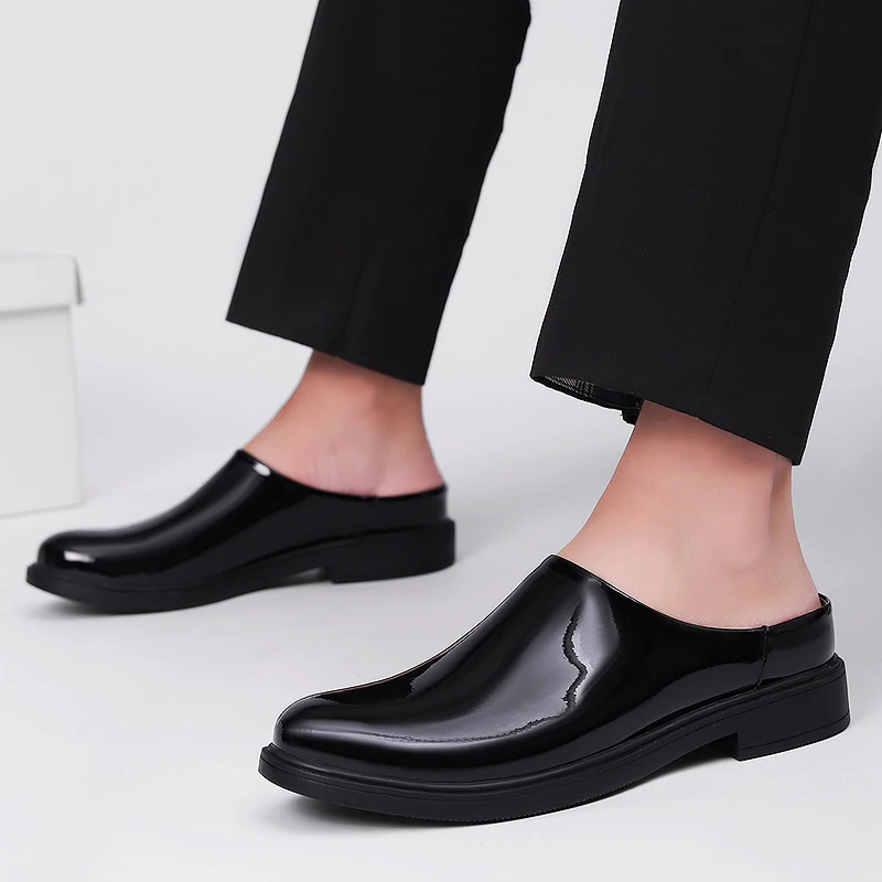 Mules Mens Patent Leather Backless Casual Shoes Platform Big Size 47 Summer Fashion British Style Outdoor Half Slippers for Man