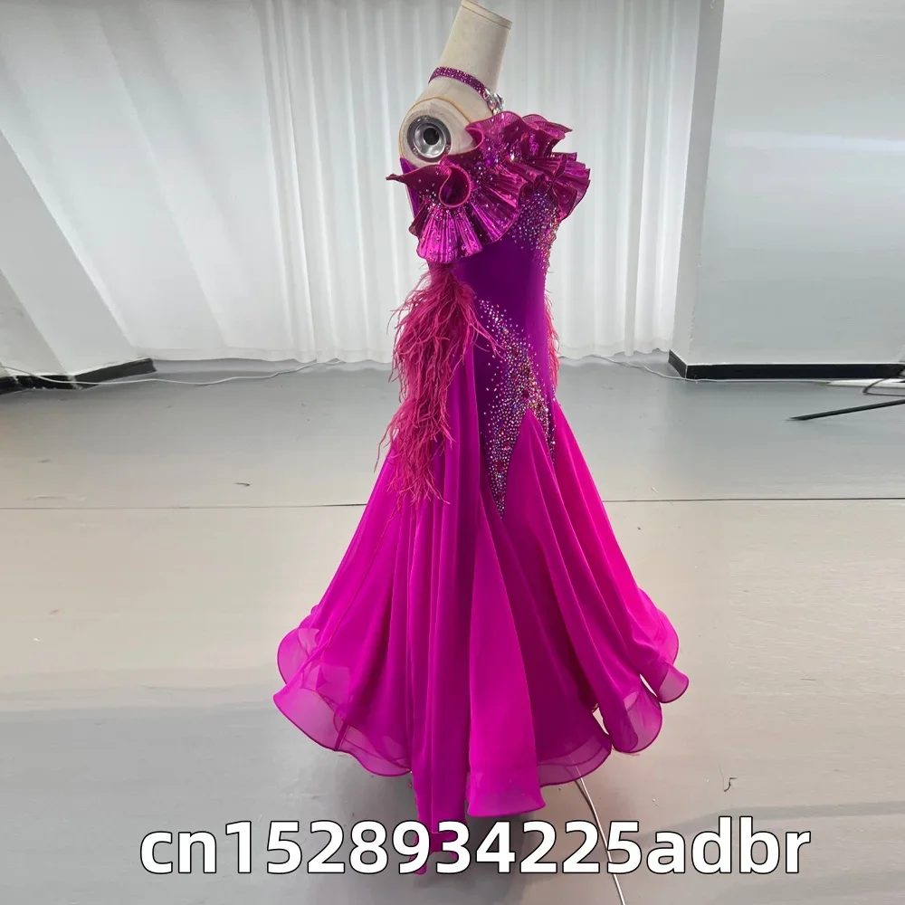 Rose Red Chiffon Modern Dance Competition Dress, Ballroom Dance Waltz Performance Dress, Ballroom Dance Dress, Feather Sleeves