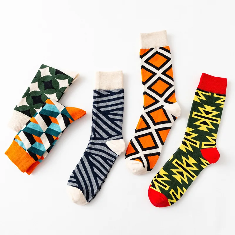 5 Pairs/Pack Socks Men Cotton Geometric Rhombus Stripe Harajuku Trendy Crew Skateboard Socks