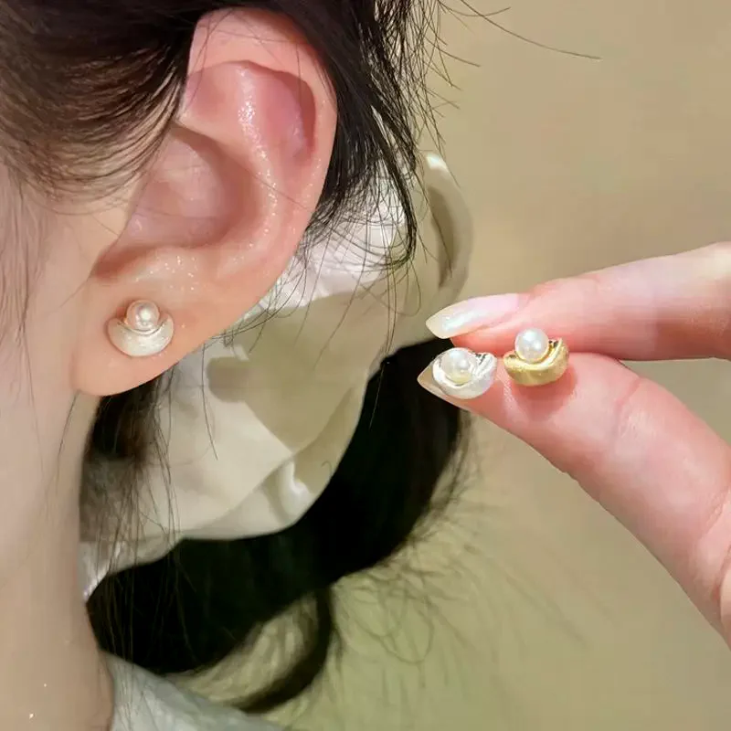 Ingot Shaped Imitation Pearl Stud Earrings Matte Gold Silver Finish Hypoallergenic Post For Daily Wear Office Dates Parties