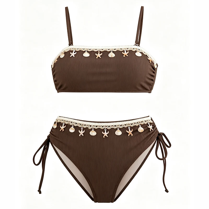 Sexy Coffee Shell Starfish Ornament Bikini Set 2026 Women Push Up Bra Drawstring Side High Waist Swimsuit Bathing Suit Swimwear